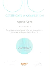 Dr Agata Korc dyplom/certyfikat