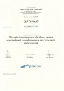 Dr Agata Korc dyplom/certyfikat