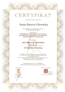 Dr Beata Bartosz-Głowacka dyplom-certyfikat