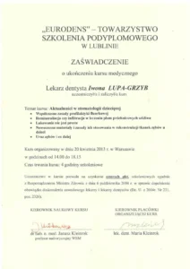 Dr Iwona Lupa dyplom/certyfikat