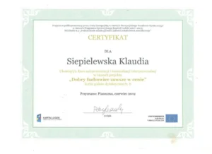 Klaudia Siepielewska dyplom_certyfikat